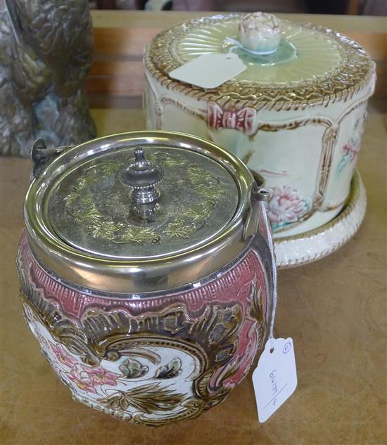 Majolica cheese dome and a similar biscuit barrel